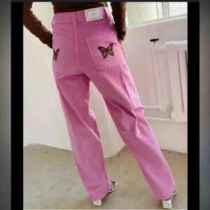 NWOT Lisa Says Gah! Pink Corduroy Cargo Wide Leg Embroidered Butterfly Size 4